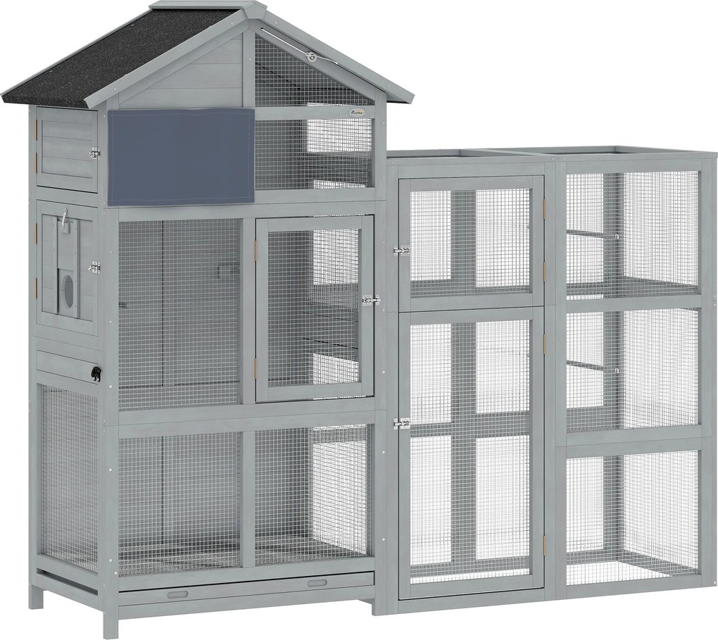PawHut Volière em madeira com 6 poleiros compartimento gaveta extraível taças em aço inox 196x60x164,5cm Cinzento | Aosom Portugal
