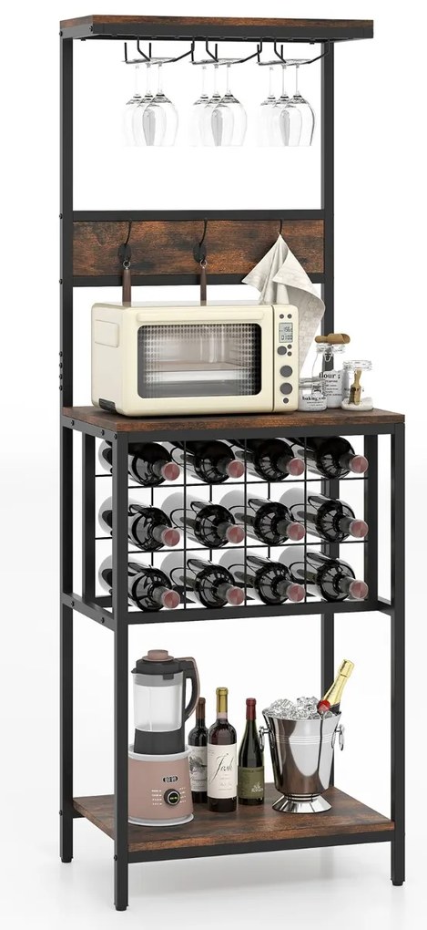 Garrafeira com suporte para copos de vinho, suporte para garrafas e ganchos 54 x 37 x 156 cm Castanho rústico