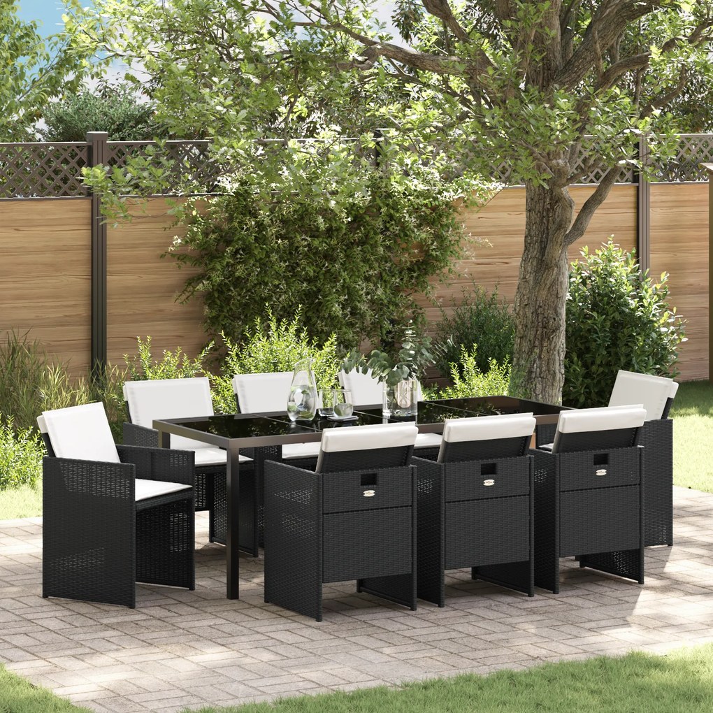 vidaXL Conjunto de Jantar de 9 Peças com Almofadas Preto Rattan Poliéster