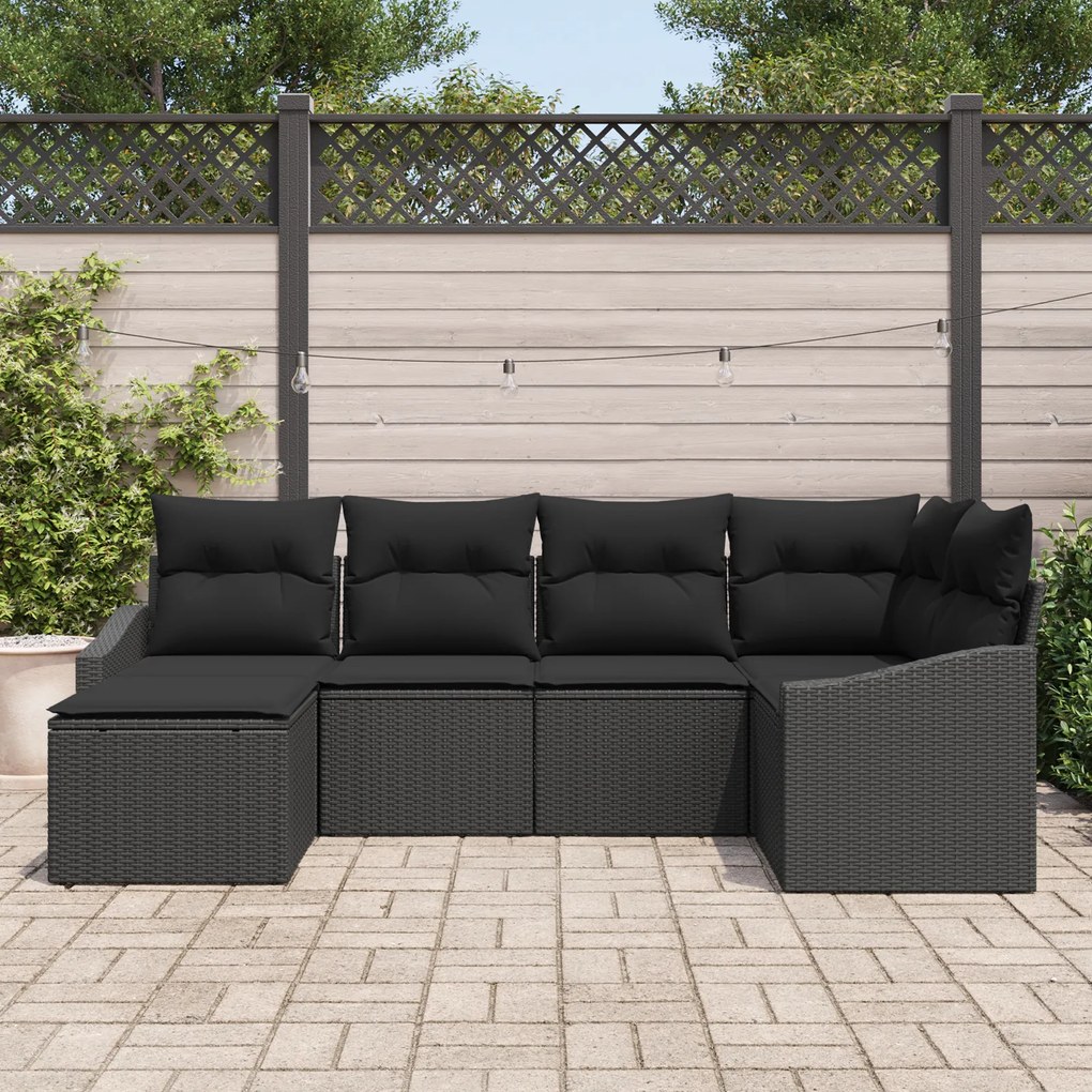 Conjunto de Jantar de Jardim de 6 Peças com Almofadas Preto Polirattan