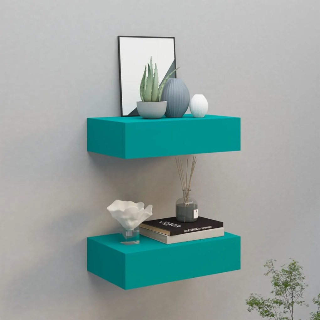 vidaXL Prateleiras de parede com gavetas 2 pcs MDF 40x23,5x10 cm azul