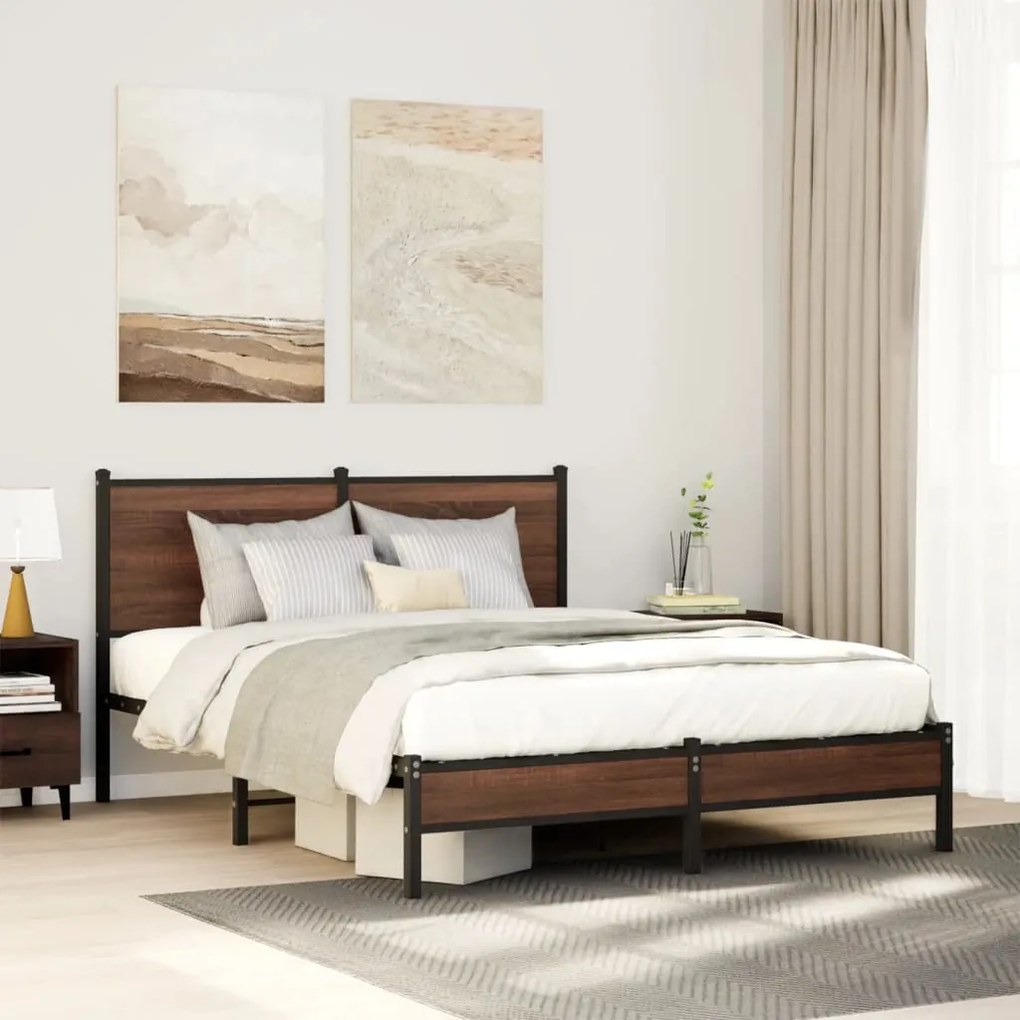 Estrutura cama sem colchão 150x200cm metal carvalho castanho