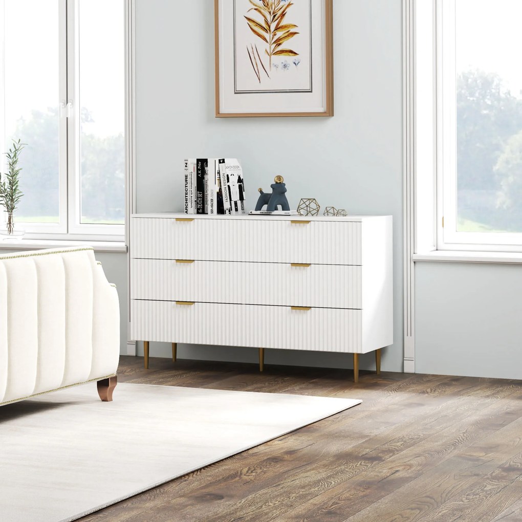 Cómoda de 6 gavetas 120 x 40 x 76,5 cm, para quarto, móvel de arrumação moderno com puxadores e pés dourados, branca