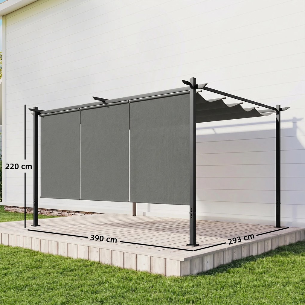 Pérgola com Teto Retrátil de 390x293x220 cm Pérgola de Parede ou Independente com Lados Enroláveis Proteção UV30+ Cinzento