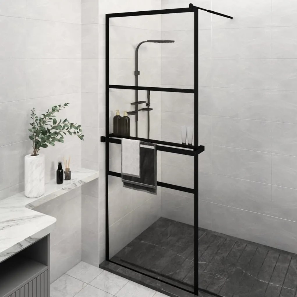 vidaXL Divisória chuveiro c/prateleira 80x195 vidro/alumínio ESG preto