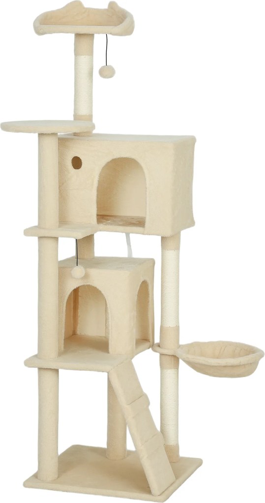 PawHut Arranhador para Gatos com Múltiplas Plataformas Cama 2 Cavernas Rede Escada Postes de Sisal 48x48x160 cm Bege | Aosom Portugal