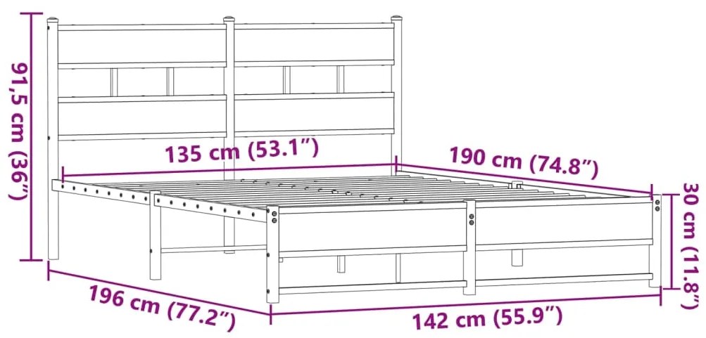 Estrutura de cama sem colchão 135x190cm metal carvalho castanho