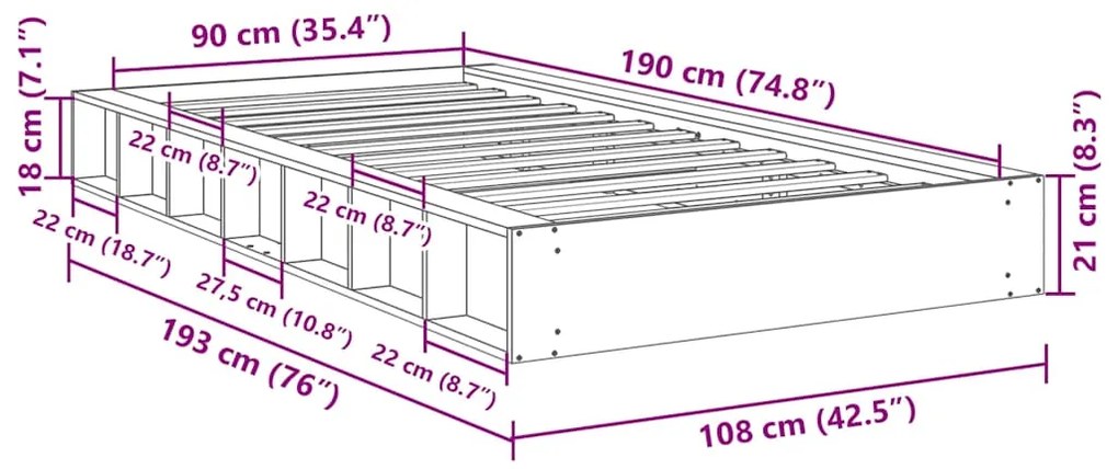 Estrutura de cama sem colchão 90x190 cm Carvalho de maciça