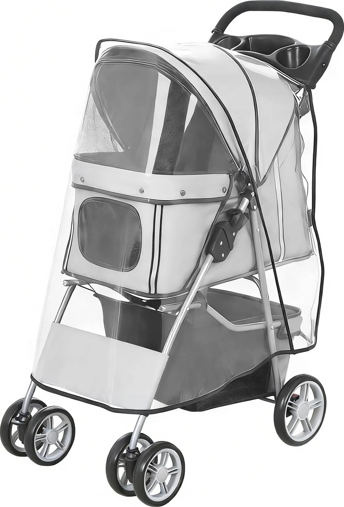 Carrinho dobrável para pequenos cães e gatos, com suporte para copos e cesto de arrumação, 75 x 45 x 97 cm, cinzento