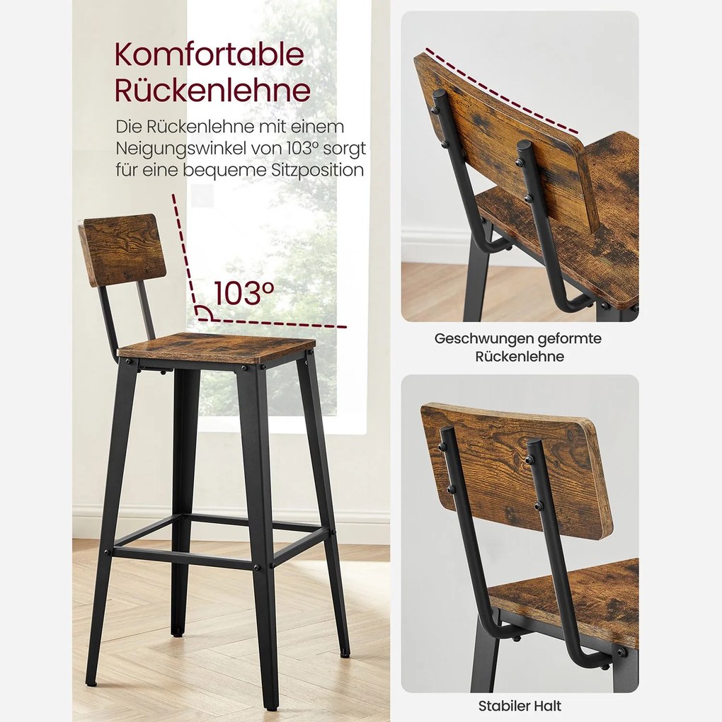 Conjunto de 2 bancos de bar com encosto 45,4 x 45,4 x 102,2 cm Castanho Rustico e Preto