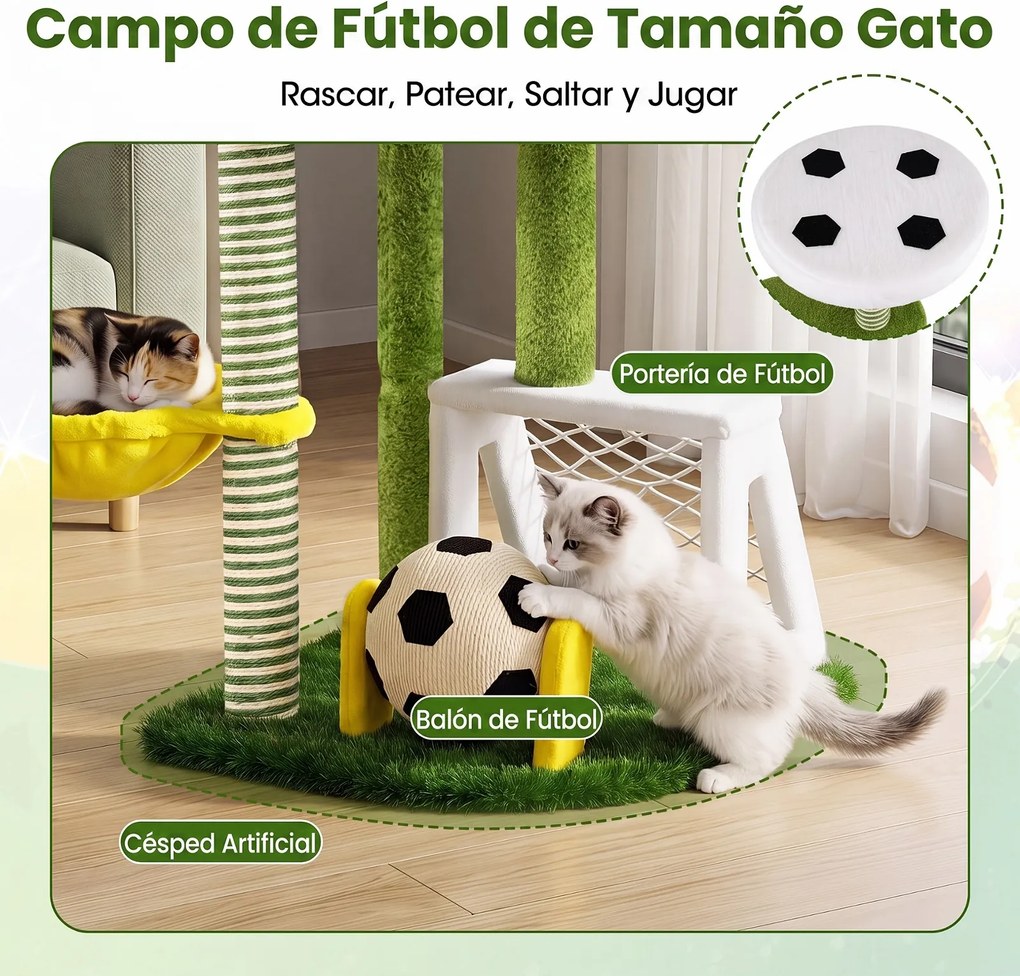 Árvore para Gatos com Design de Futebol, 60 x 50 x 100 cm, Duas Plataformas e Rede de Descanso, Multicolor