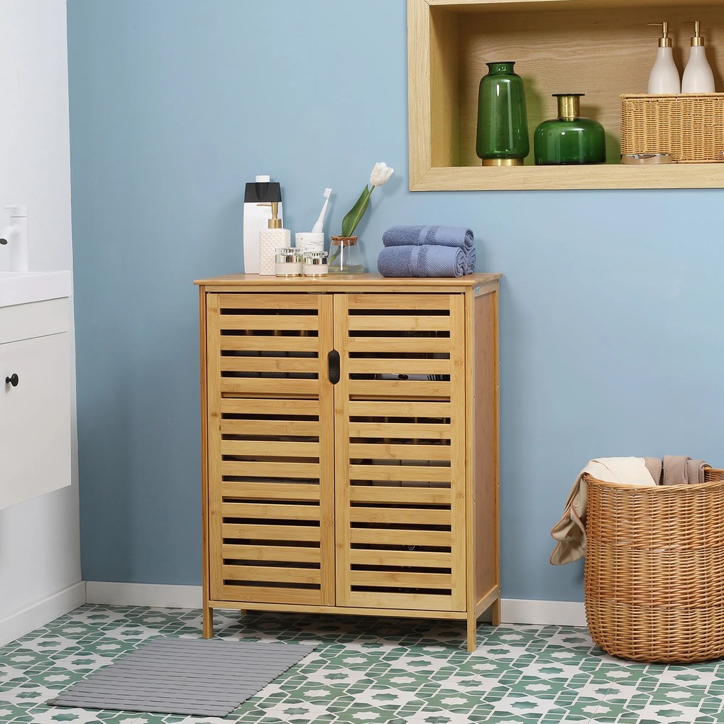 Móvel de casa de banho em bambu, armário de casa de banho com pés e porta dupla com ripas, 68 x 32 x 86 cm, natural FR