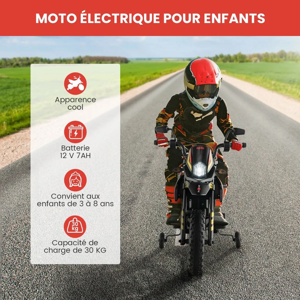 Motocicleta elétrica infantil Aprilia com rodinhas de apoio, música e farol 12V, azul
