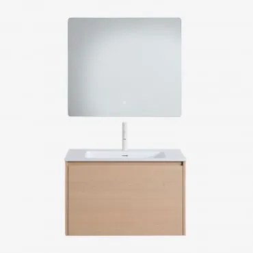Conjunto De Móvel De Casa De Banho Suspenso Em Madeira Com Lavatório Integrado Jacob Madeira Natural & Led Retangular E Anti-embaciamento - Sklum
