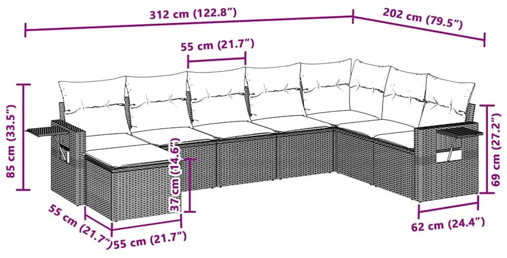 8 pcs conj. sofás jardim c/ almofadões vime PE cinzento-claro