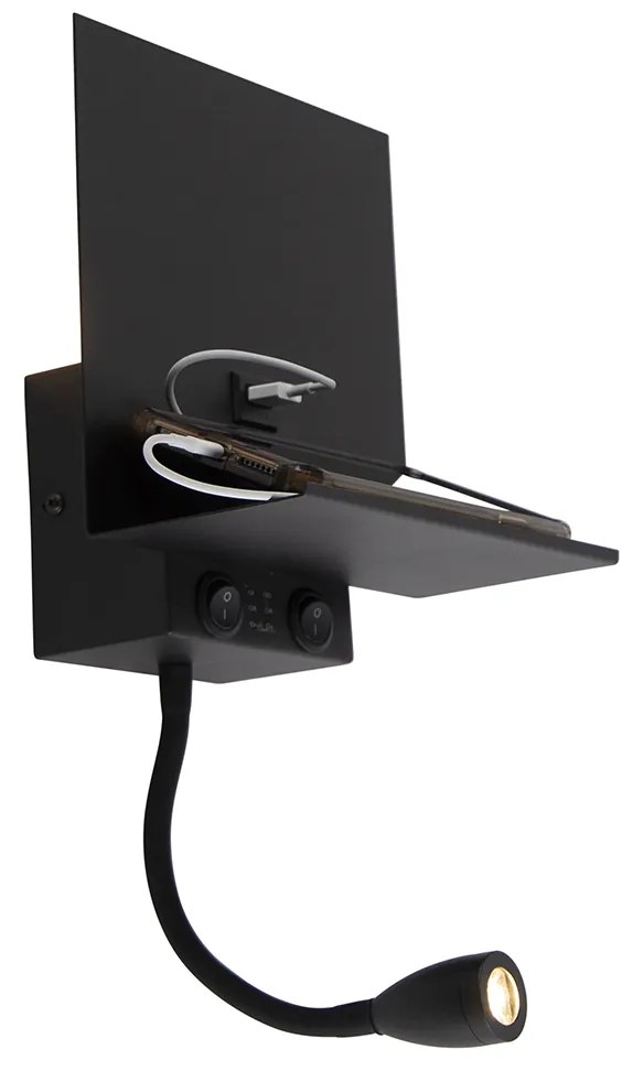 LED Candeeiro de parede inteligente preto com USB e braço flexível incl. Wifi G9 - Flero Moderno