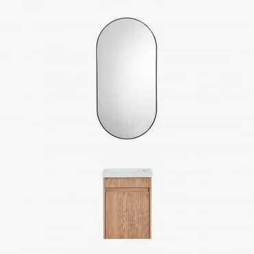 Conjunto De Móvel De Casa De Banho Suspenso Em Madeira Com Lavatório Integrado Narek Castanho Fresno & Ovale Led E Antifog Preto 50x100 Cm - Sklum