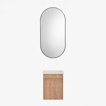 Conjunto De Móvel De Casa De Banho Suspenso Em Madeira Com Lavatório Integrado Narek Sem Torneira & Castanho Fresno & Ovale Led E Antifog Preto 50x100