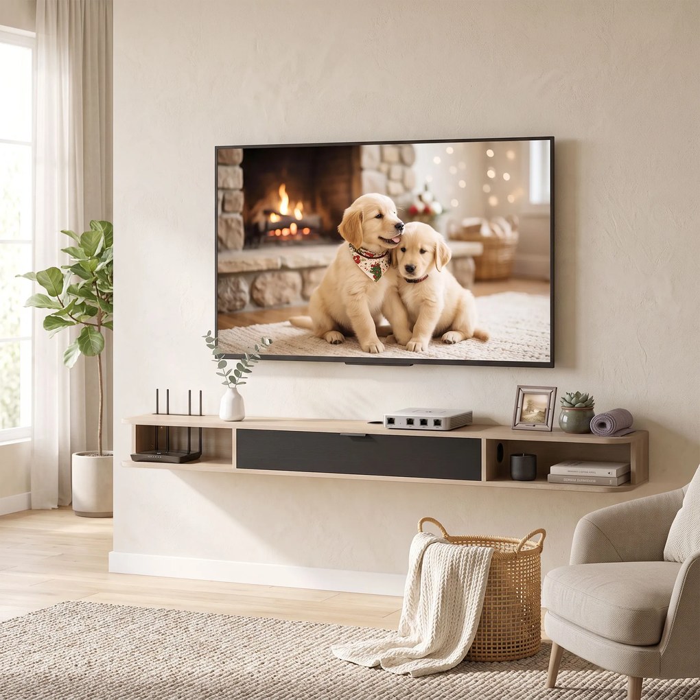 Móvel de TV suspenso 180 x 24 x 16 cm, móvel para televisores até 75 polegadas, gaveta rebatível, 2 prateleiras, cor madeira natural e preto