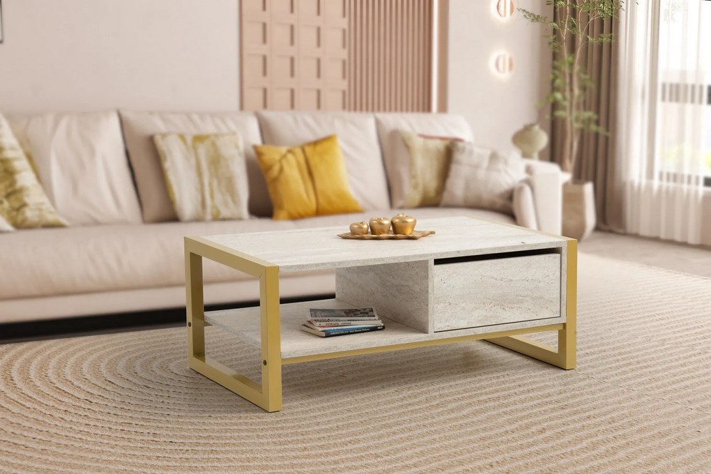 Mesa de Centro Haldizen – Travertino Dourado – 105x40x55 cm