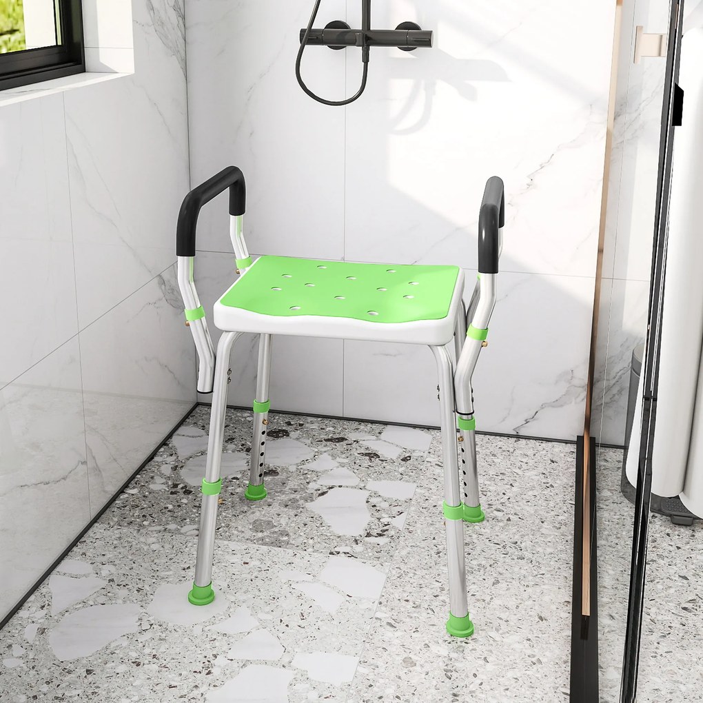 Banco de duche para idosos e pessoas com deficiência, com braços de apoio, altura ajustável, pés antiderrapantes, verde