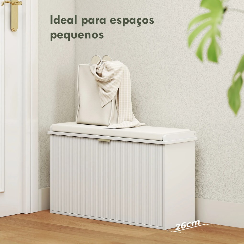 Banco Sapateira Móvel Sapateira Estreito com Assento Estofado Caixa Rebatível e Painel de Ripas 80x26x47,5 cm Branco