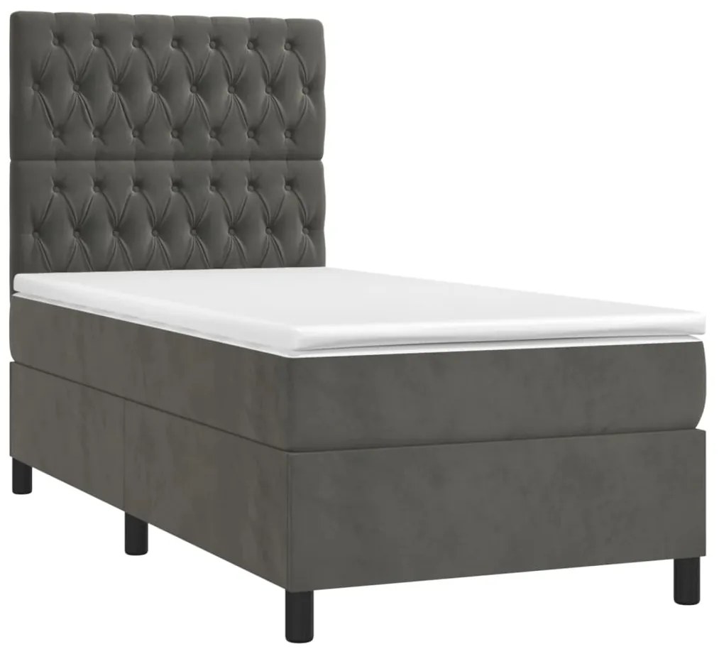 Cama box spring c/ colchão/LED 90x190 cm veludo cinzento-escuro