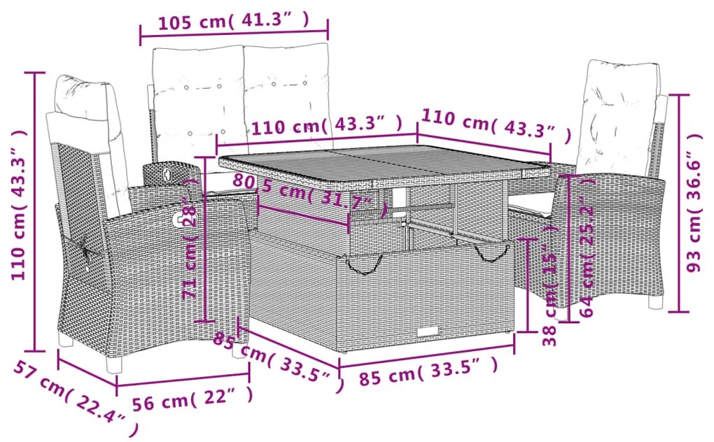 4 pcs conjunto de jantar p/ jardim c/ almofadões vime PE bege
