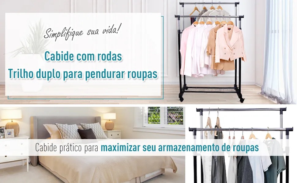 HOMCOM Charriot com Altura Ajustável Cabide com 4 Rodas para Roupa Aço Inoxidável 80x43x85-155cm Preto