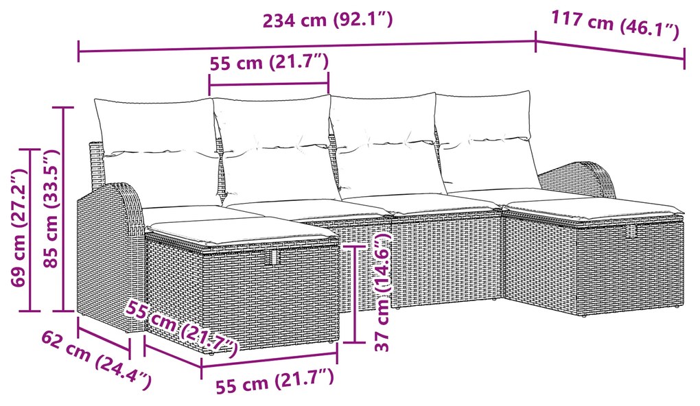 Conjunto de Sofá de Jardim de 6 Peças com Almofadas Bege Rattan