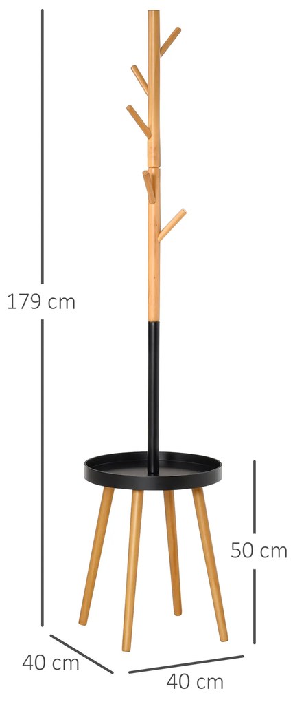 HOMCOM Cabide de Pé com Mesinha Auxiliar Redonda e 5 Ganchos com Altura Ajustável para Casacos Chapéus Bolsos Entrada 40x40x179cm Madeira Natural Preto