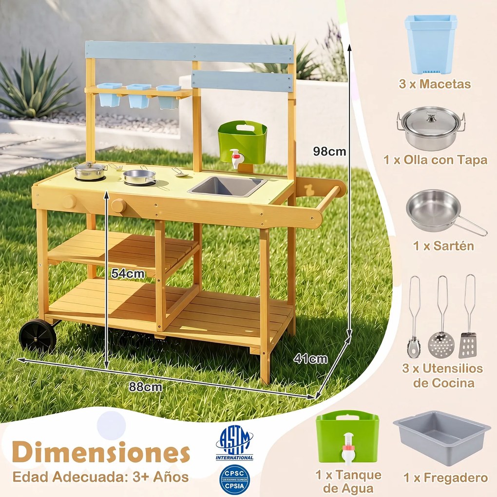 Cozinha de Brincar Infantil, 92 x 41 x 98 cm, Com Lava-Loiça e Vasos, Amarelo