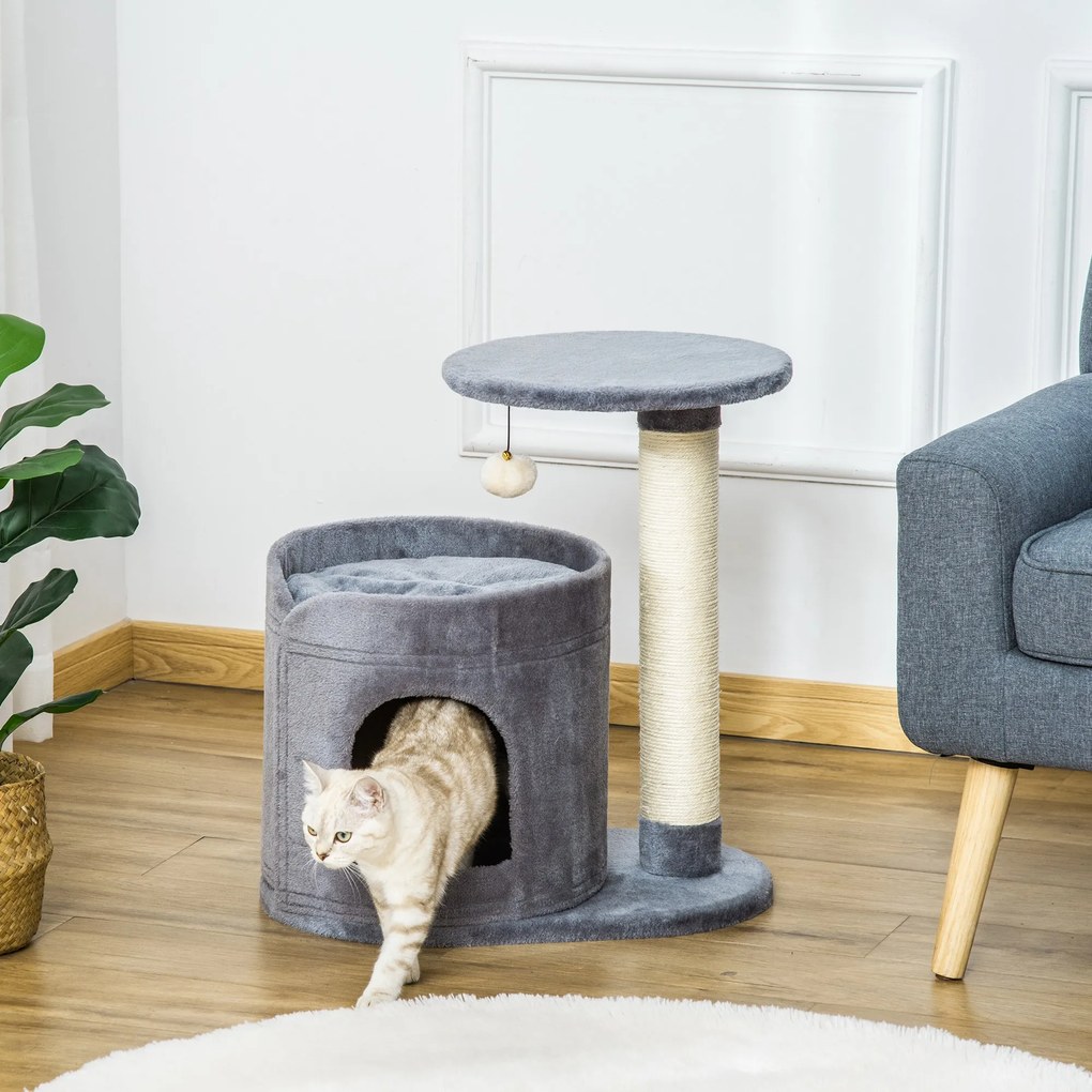 Árvore Arranhadora para Gatos Pequena Altura 59cm com Caverna de Pelúcia Suave Almofada Lavável Plataforma Poste de Sisal Natural e Bola de Brinquedo