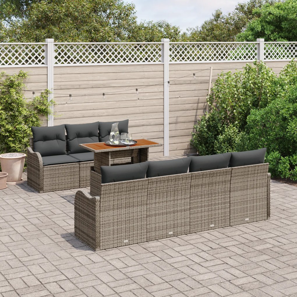 Conjunto de Sofá de Jardim de 8 Peças com Almofadas Cinza Rattan, Sofá