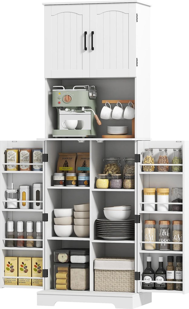 Armário alto de cozinha, 4 portas, bancada, 8 porta-especiarias, prateleiras ajustáveis, 60 x 40 x 181,5 cm, branco