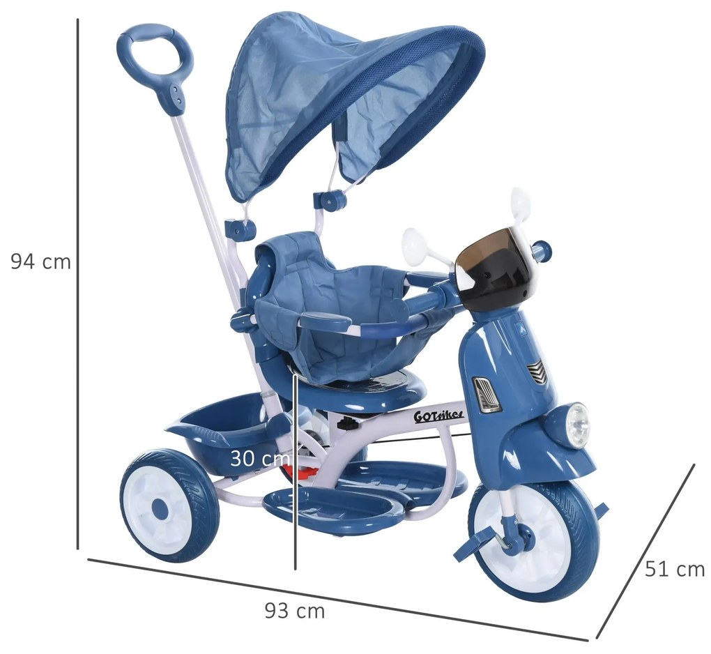 Triciclo infantil com toldo Barreira Apoio para os pés Luz e Música 93x51x94 cm Azul
