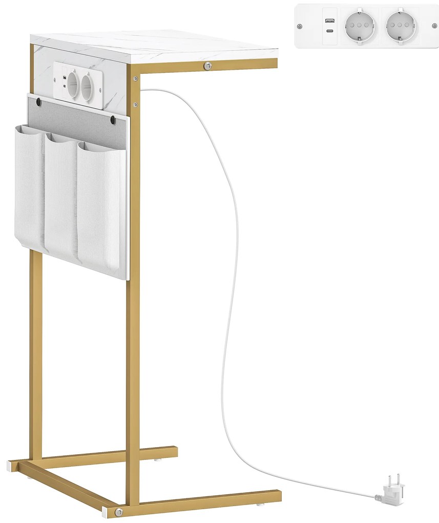 Mesa Auxiliar com Estação de Carga Mesa Lateral com 2 Entradas USB 1 Entrada USB-C e Bolsa Organizadora 25,5x40x71 cm Branco