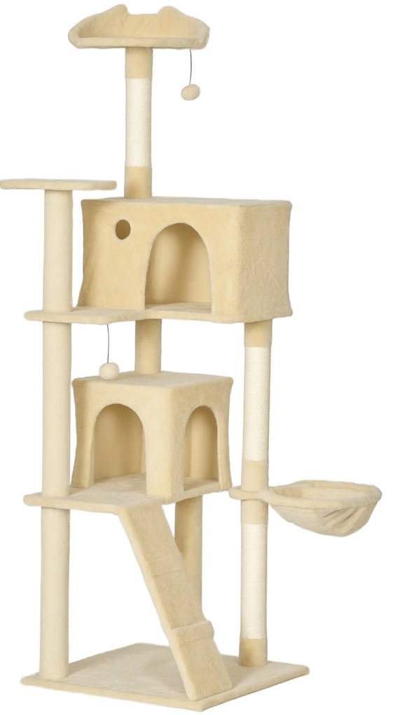 PawHut Arranhador para Gatos com Múltiplas Plataformas Cama 2 Cavernas Rede Escada Postes de Sisal 56x56x180 cm Bege | Aosom Portugal