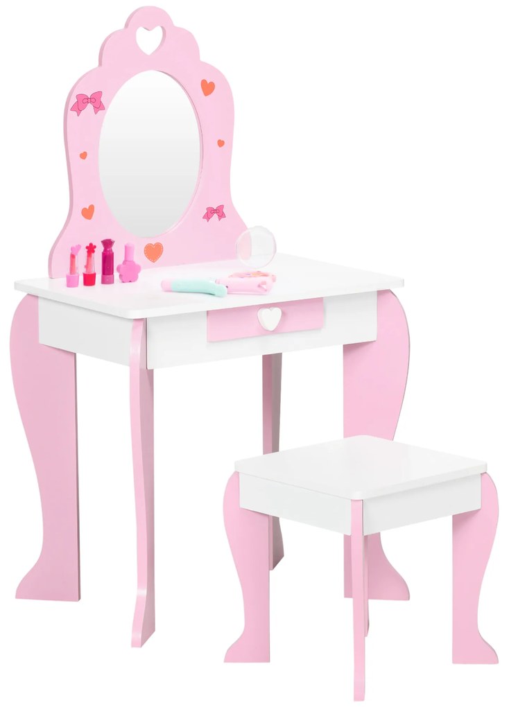 ZONEKIZ Toucador Infantil de Madeira com Banco Espelho e Gaveta Mesa de Maquilhagem para Crianças entre 3-6 Anos 50x36,5x89,5cm Rosa | Aosom Portugal
