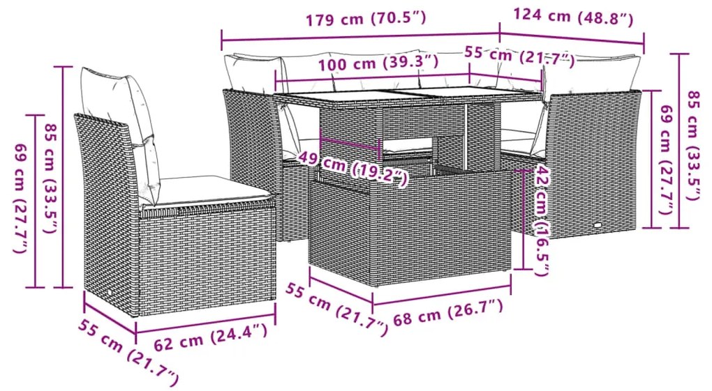6 pcs conjunto de sofás p/ jardim com almofadões vime PE bege