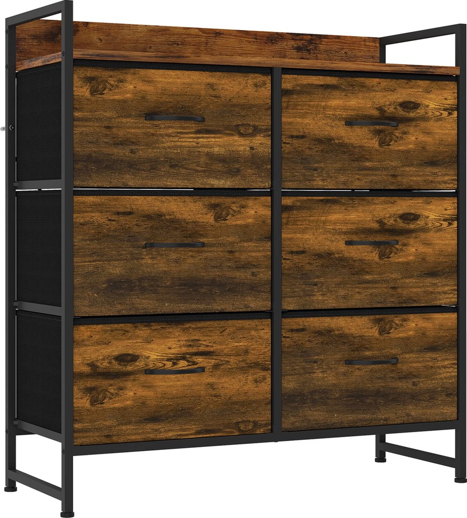 HOMCOM Cómoda de Quarto com 6 Gavetas e Tampo de Madeira / Castanho e Preto | Aosom Portugal