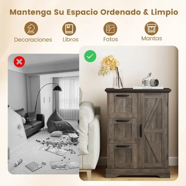 Aparador estilo de fazenda 60 x 30 x 80 cm com porta de celeiro e 3 gavetas de armazenamento Café
