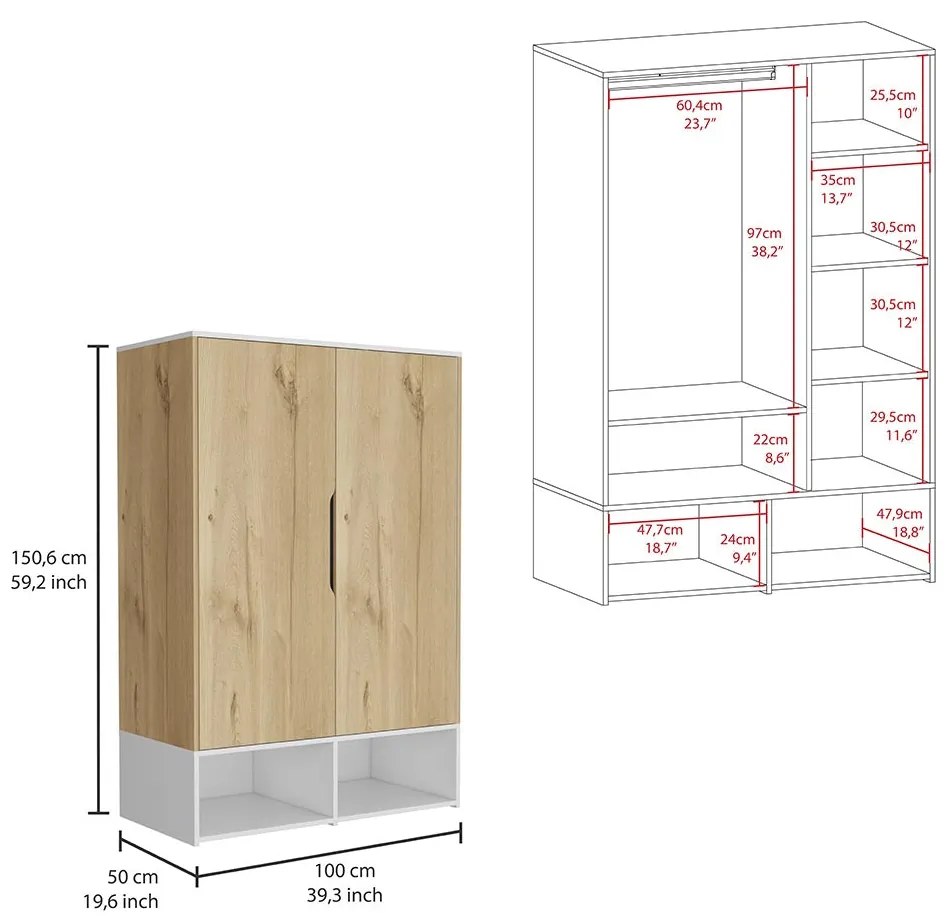 Guarda-roupa 2 portas rosie 100 x 50 x 150.6 cm carvalho claro