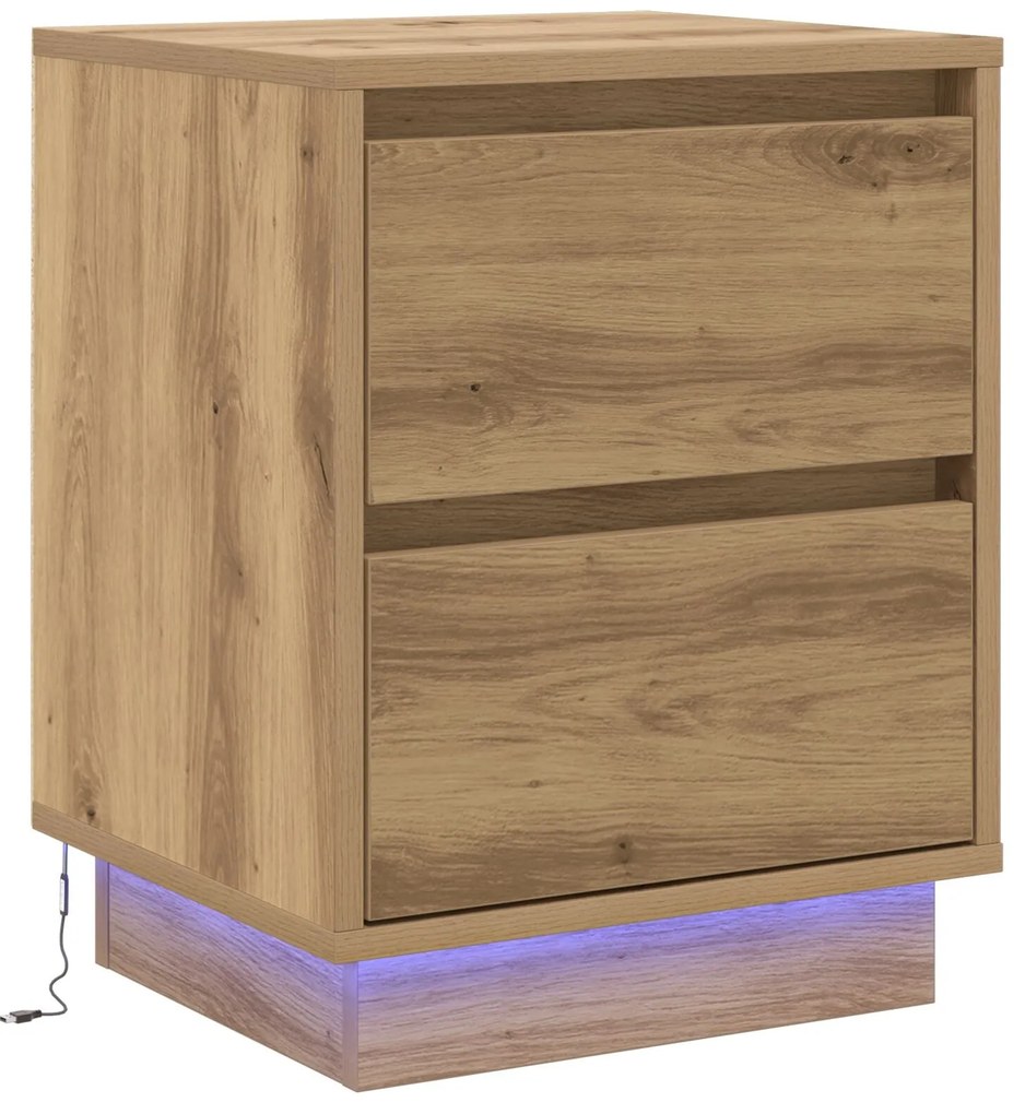 Criado-mudo com Luzes LED Carvalho Artesanal 39x34.5x50 cm