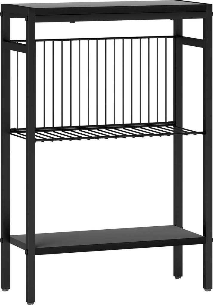 Mesa Auxiliar Estreita de 3 Níveis Mesinha Auxiliar Industrial com Prateleiras Abertas e Estrutura de Aço  43x18x62,5 cm Preto