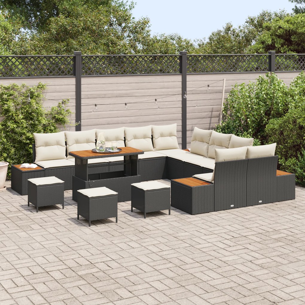 Conjunto de Sofás para Jardim de 14 Peças com Almofadas Rattan Preto