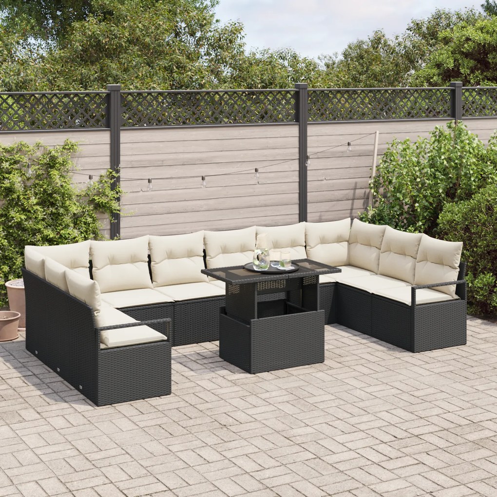Conjunto de Sofá de Jardim de 11 Peças com Almofadas Rattan Preto, Sof