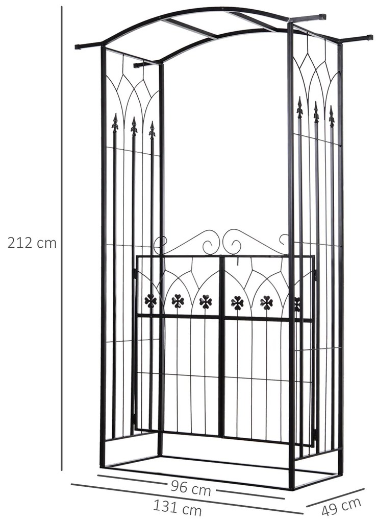 Outsunny Arco de jardim com porta de treliça de metal com fechadura para plantas trepadeiras Jardim Casamento Pátio 131x49x212 cm Cor Preto fosco