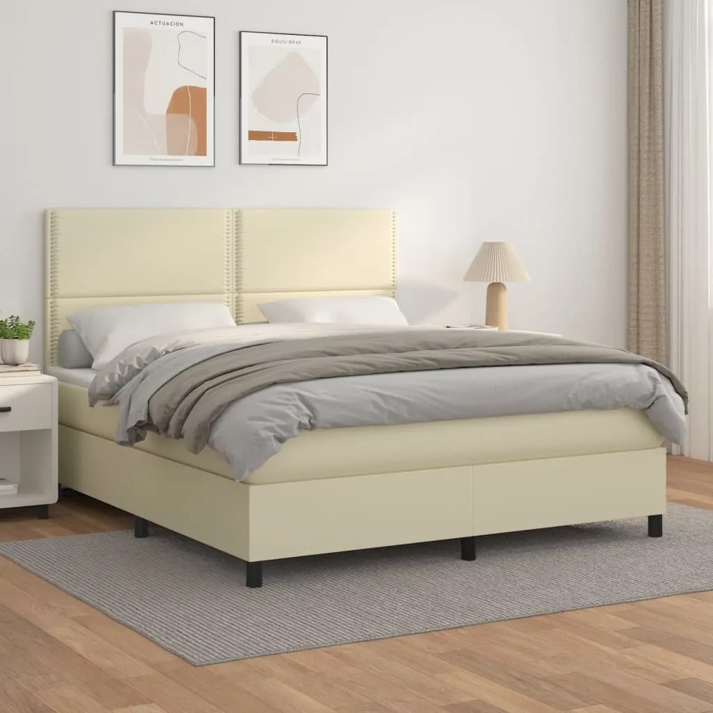 vidaXL Cama com molas/colchão 160x200 cm couro artificial cor creme