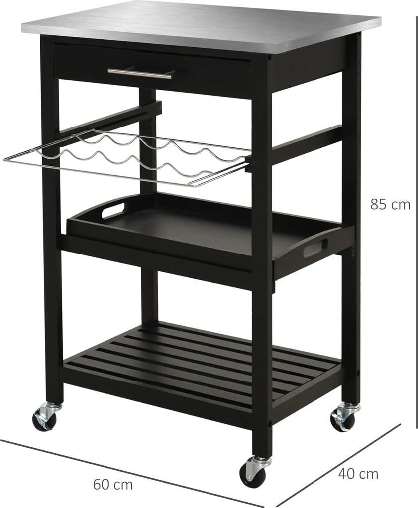 Carrinho de cozinha com prateleira para garrafas, 60L x 40P x 85A cm, tabuleiro em aço inoxidável. Preto